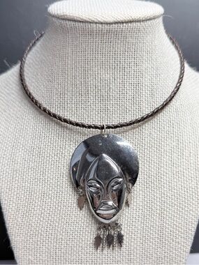 🚨3 for $15🚨 Silver Tone Tribal Mask Pendant Necklace with Brown Cord